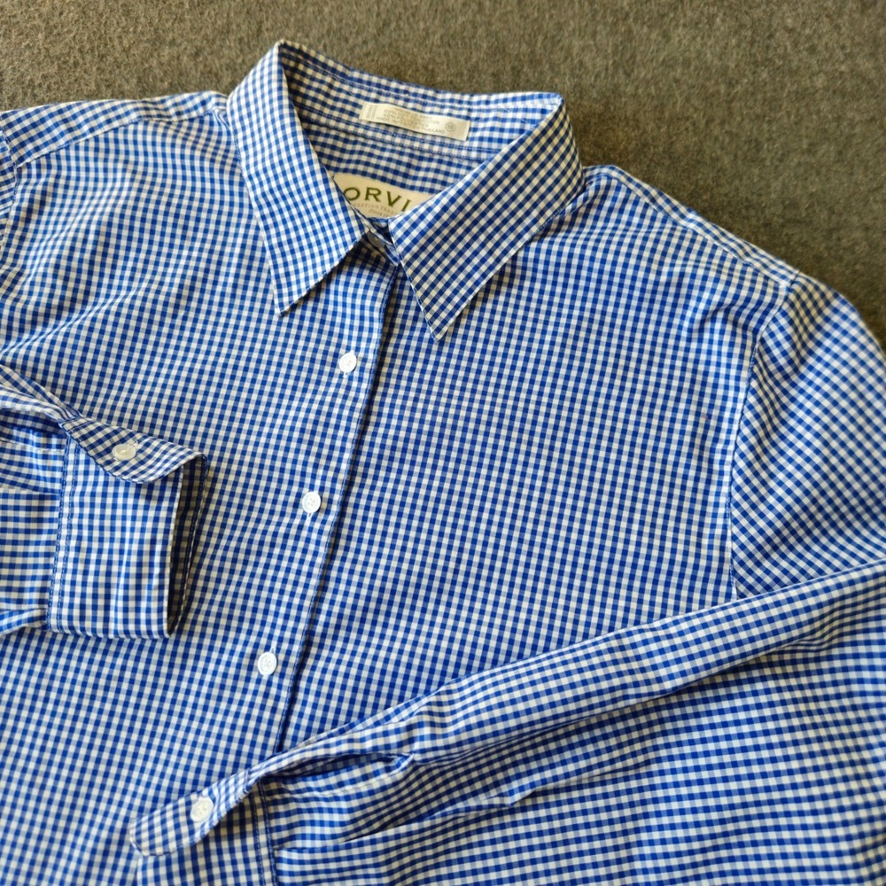 ORVIS Mens Gingham Button Down Shirt Blue Wrinkle Free Long Sleeve Size 18 (2XL)